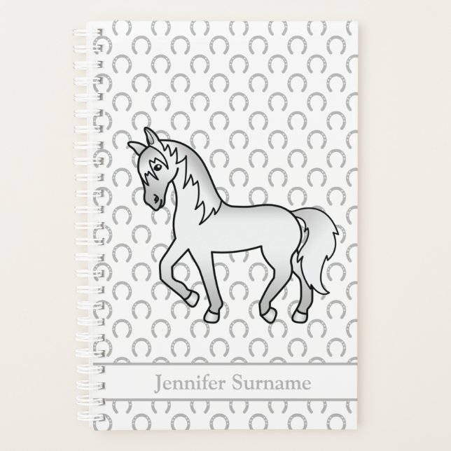Grey Cartoon Trotting Horse & Custom Text Planner (Front)