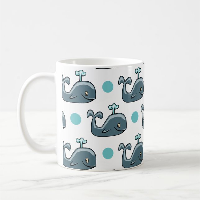 Grey Cartoon Whale, Blue Polka Dots Coffee Mug (Left)