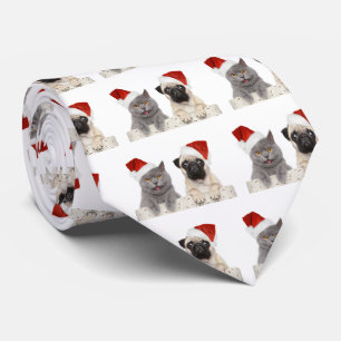 Grey cat and Chinese Pug Christmas Design Tie