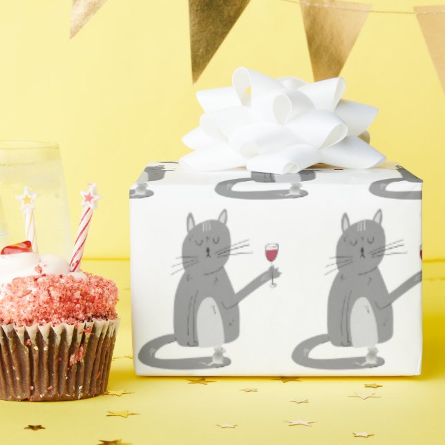 Grey Cat and Mouse with Wine Wrapping Paper (Birthday Party)