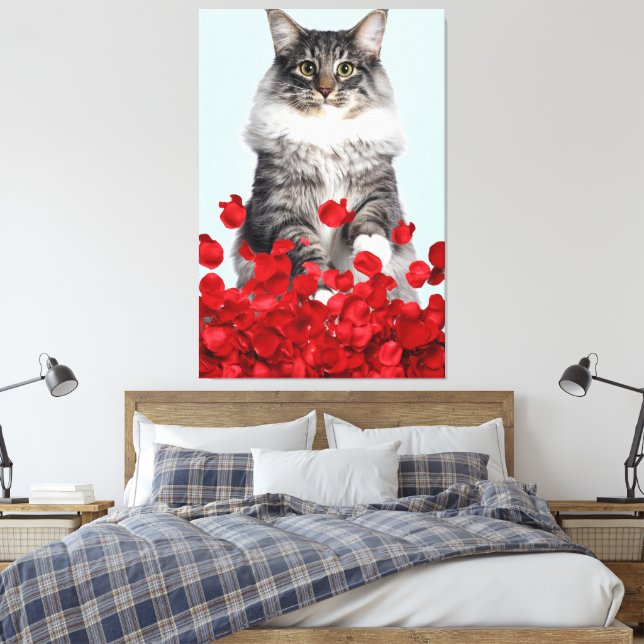 grey cat and red roses canvas print (Insitu(Bedroom))