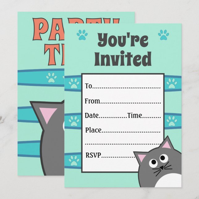 Grey Cat Birthday Party Invitation (Front/Back)
