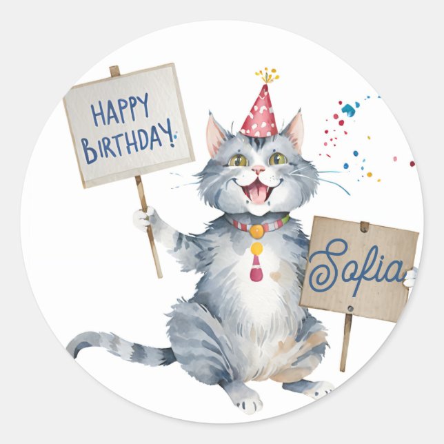 Grey Cat Birthday Sign - Customised Birthday Classic Round Sticker (Front)