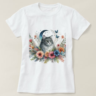 Grey Cat Blue Butterfly Floral  T-Shirt