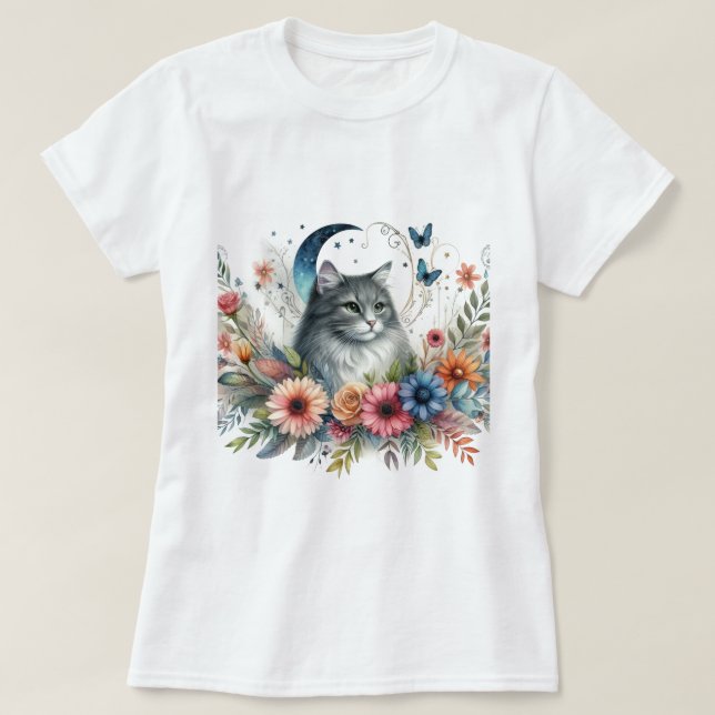 Grey Cat Blue Butterfly Floral  T-Shirt (Design Front)