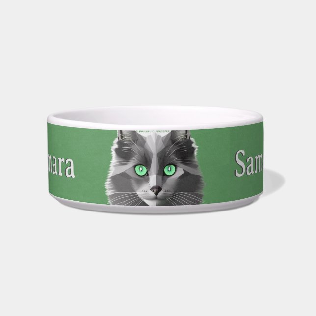 Grey Cat Breed with Pale Green Eyes - Pet's Name Bowl (Front)