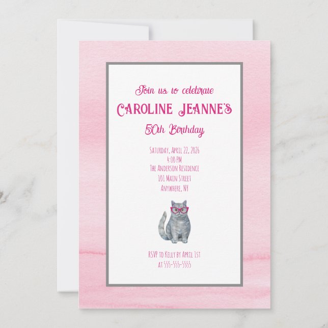 Grey Cat, Bright Pink, 50 & Fabulous, Fun Birthday Invitation (Back)