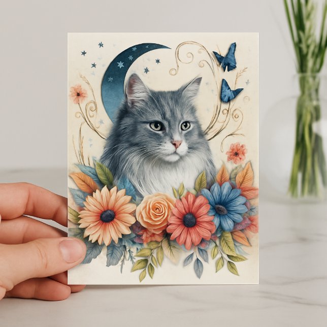 Grey Cat Butterfly Floral  Card (floral feline stationery for cat lover AI created)