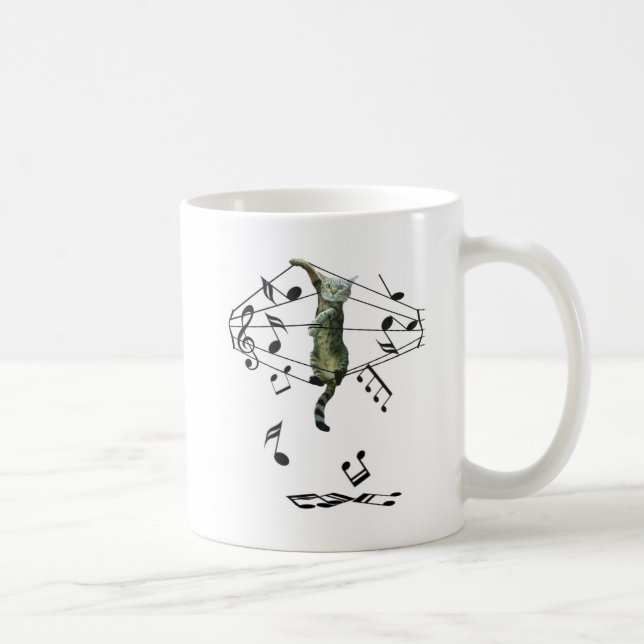 grey cat caught in treble trouble music notes coffee mug (Right)