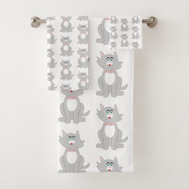 Grey Cat Design Bath Towel Set (Insitu)