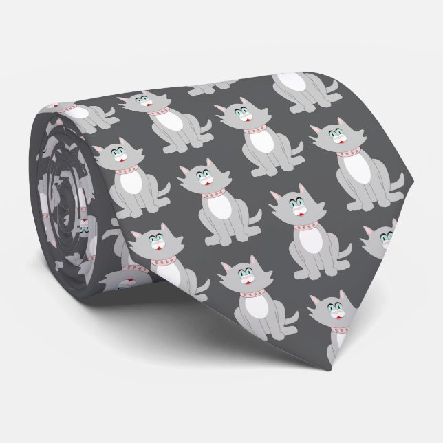 Grey Cat Design Tie (Rolled)