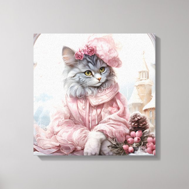 Grey Cat Dressed In Pink  In A Window Canvas Print (Front)
