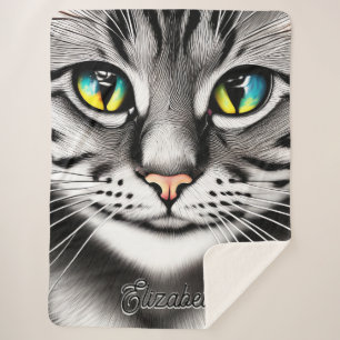 Grey Cat Face Custom Name Sherpa Blanket