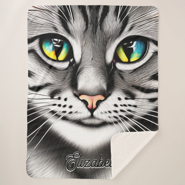 Grey Cat Face Custom Name Sherpa Blanket (Front)