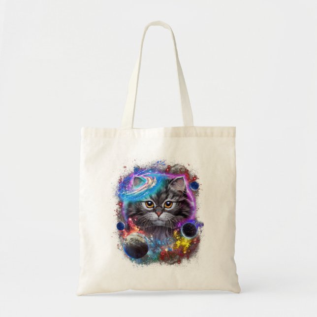 Grey Cat Face Swirl in Planetary Galaxy Space and  Tote Bag (Front)
