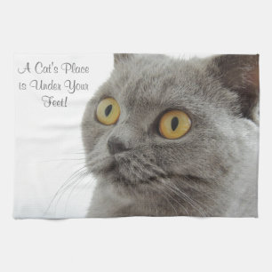 Grey Cat Golden Eyes Close-up Tea Towel
