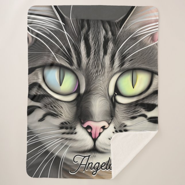Grey Cat Green Eyes Custom Name Sherpa Blanket (Front)