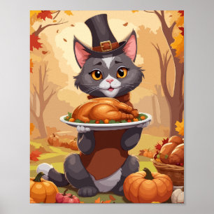 Grey cat holding thanksgiving turkey poster
