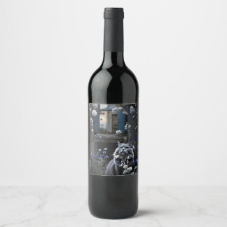 Grey Cat in a field of flowers Wine Label
