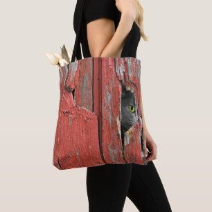 Grey Cat In Barn Hole Tote Bag