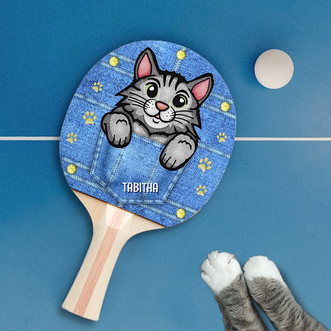 Grey Cat in Faux Denim Pocket with Custom Name Ping Pong Paddle (Creator Uploaded)