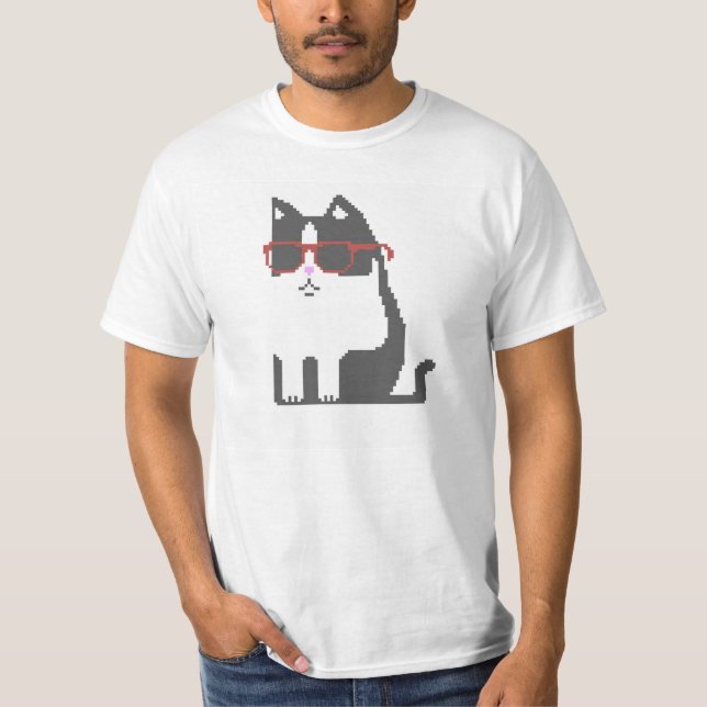 Grey Cat In Red Glasses Pixel Art T-Shirt (Front)