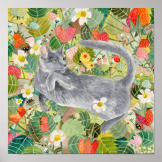Grey Cat in the Strawberry Patch poster