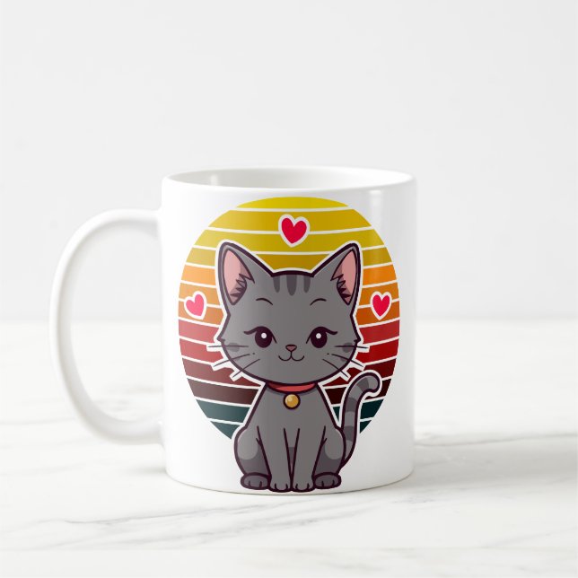 Grey Cat Kawaii Retro Sunset Anime Art Coffee Mug (Left)
