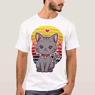Grey Cat Kawaii Retro Sunset Anime Art T-Shirt