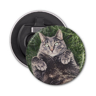 grey cat lying in the grass digital art bottle opener