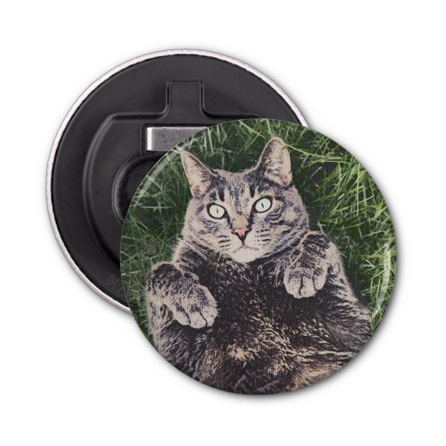 grey cat lying in the grass digital art bottle opener (Front)