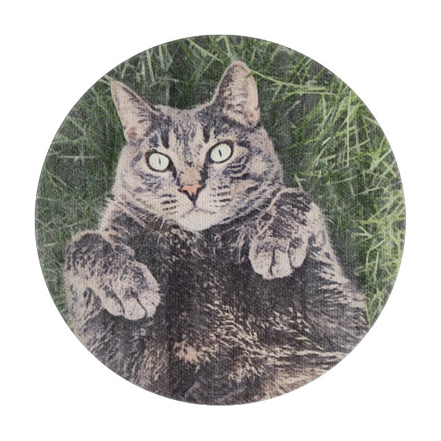 grey cat lying in the grass digital art cutting board (Front)