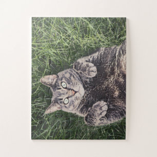 grey cat lying in the grass digital art Puzzle