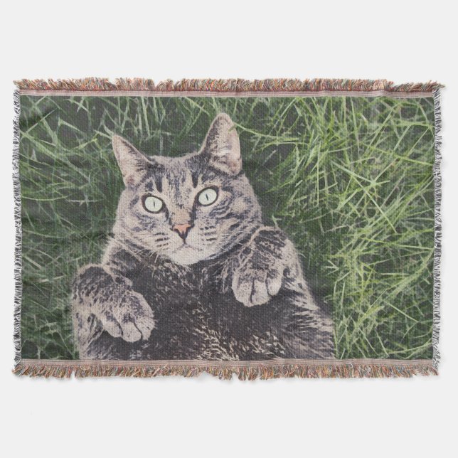 grey cat lying in the grass digital art throw blanket (Front)