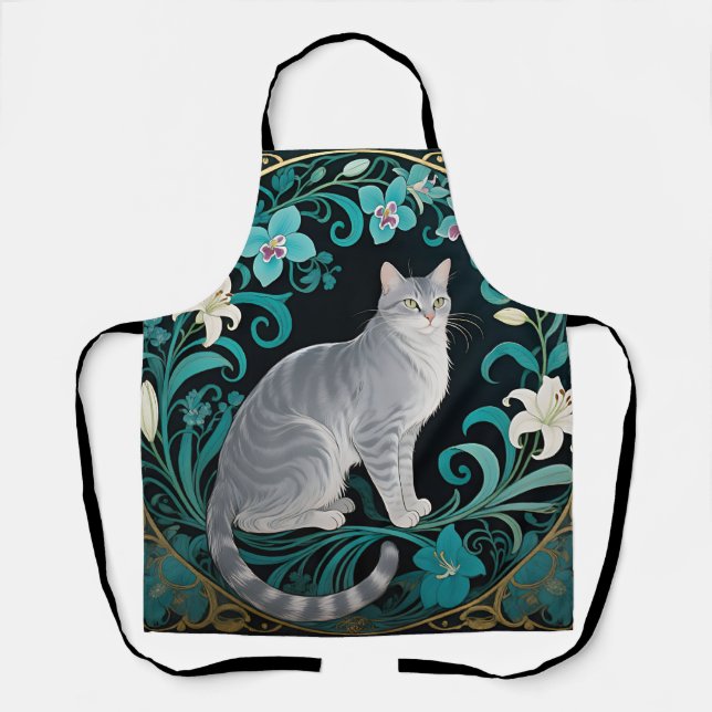 Grey Cat Ornate Floral Frame Apron (Front)
