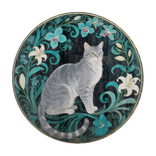 Grey Cat Ornate Floral Frame Cutting Board