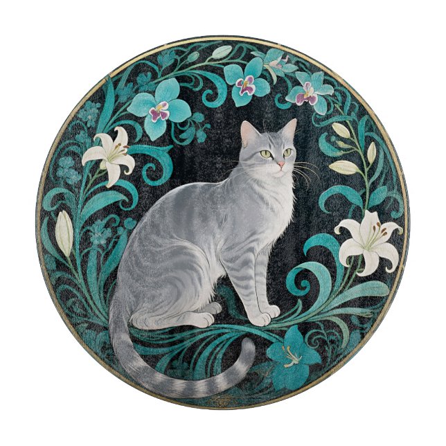 Grey Cat Ornate Floral Frame Cutting Board (Front)