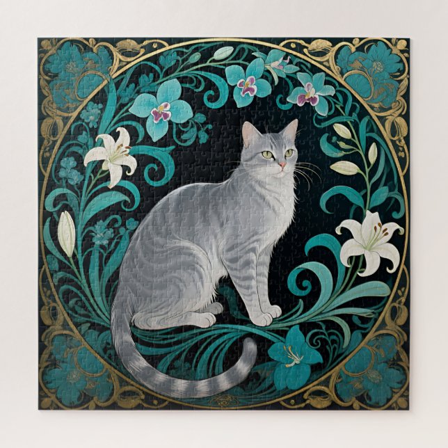 Grey Cat Ornate Floral Frame Jigsaw Puzzle (Vertical)