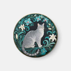 Grey Cat Ornate Floral Frame Magnet