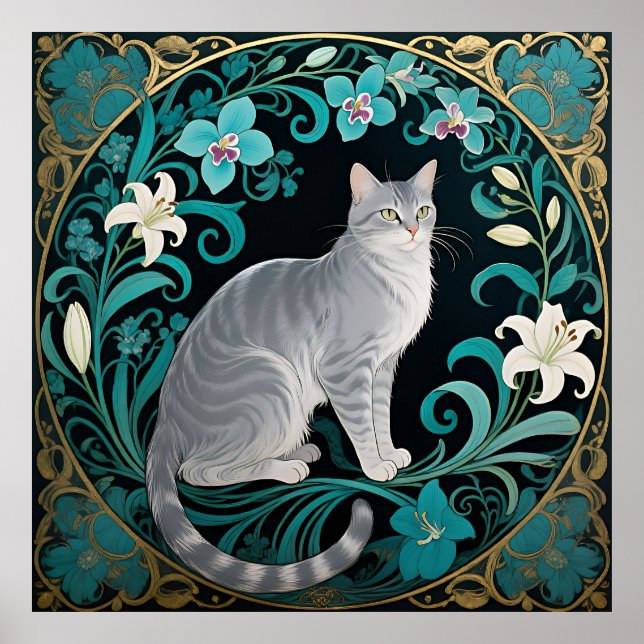 Grey Cat Ornate Floral Frame Poster (Front)