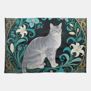 Grey Cat Ornate Floral Frame Tea Towel