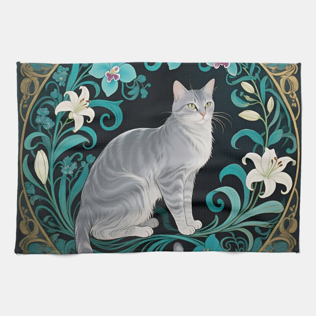 Grey Cat Ornate Floral Frame Tea Towel (Horizontal)