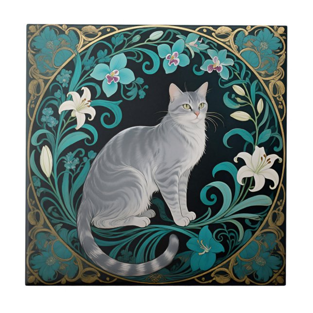 Grey Cat Ornate Floral Frame Tile (Front)