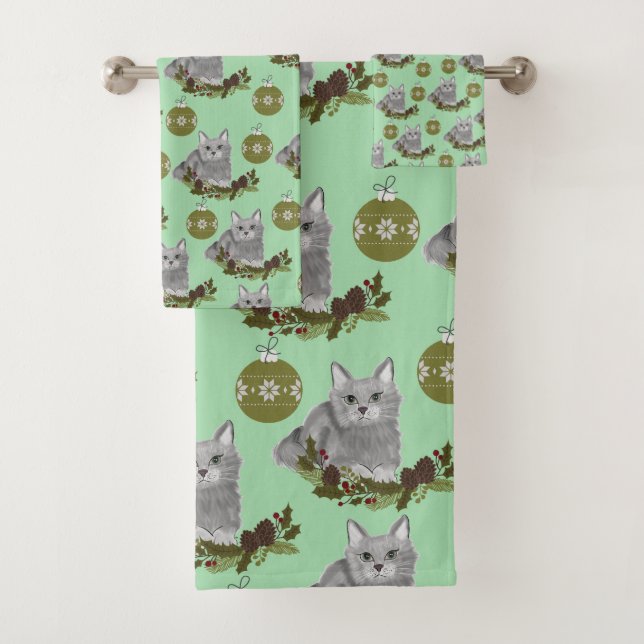 Grey Cat Pattern with Green Ornaments Bath Towel Set (Insitu)