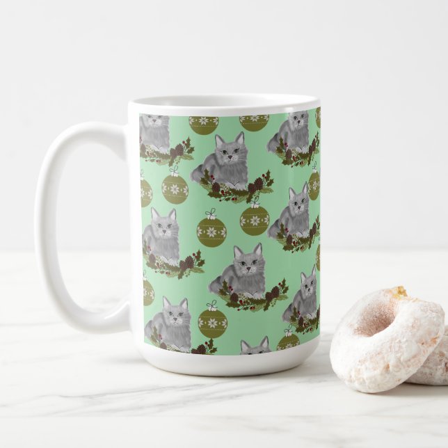 Grey Cat Pattern with Green Ornaments  Coffee Mug (With Donut)
