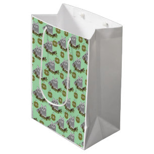 Grey Cat Pattern with Green Ornaments  Medium Gift Bag