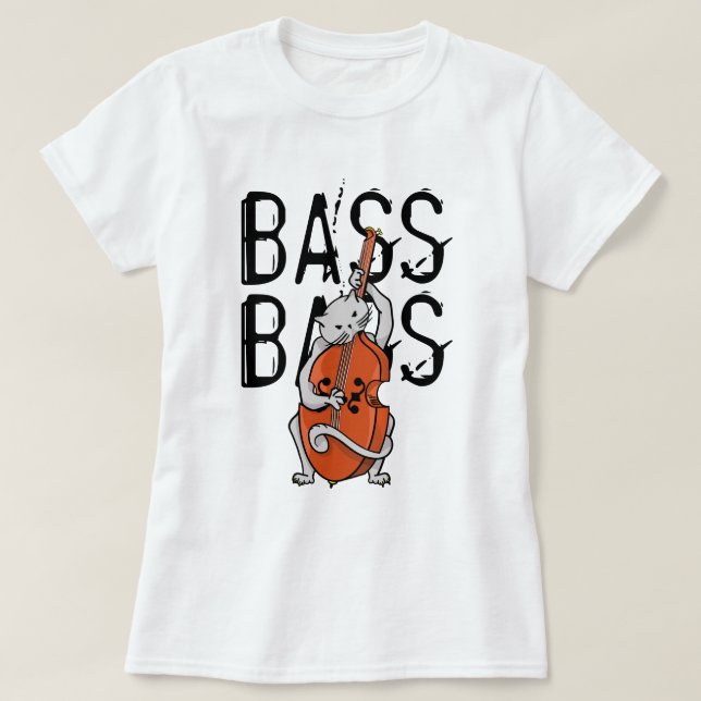 Grey Cat Playing a Double Bass or Upright Bass T-Shirt (Design Front)