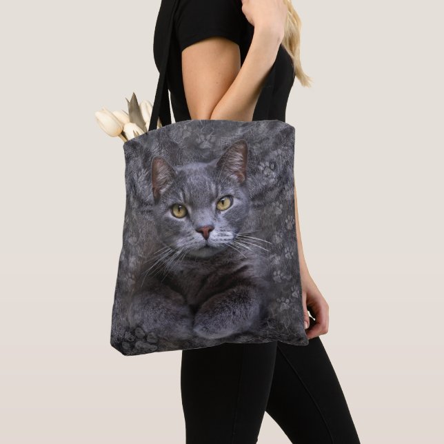 Grey Cat Portrait Tote Bag (Close Up)