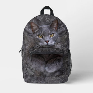 Grey Cat Printed Backpack