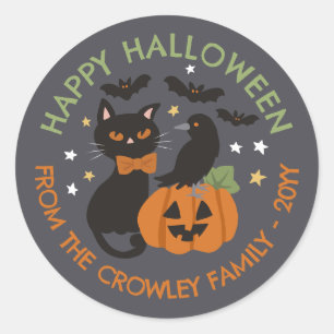 Grey Cat Pumpkin Raven Happy Halloween Classic Round Sticker